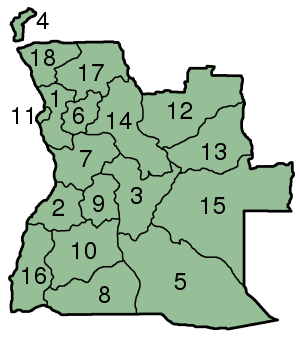 Map of Angola with provinces numbered.